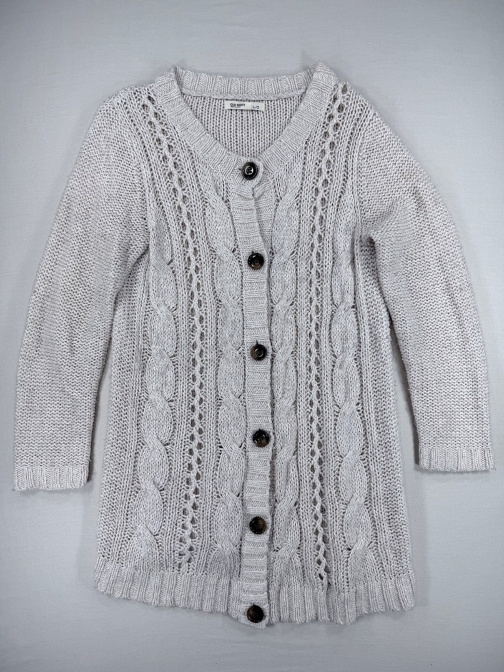 Old Navy Cable Knit Button Front Long Cardigan Sweater Cream Beige L/G - Picture 2 of 6